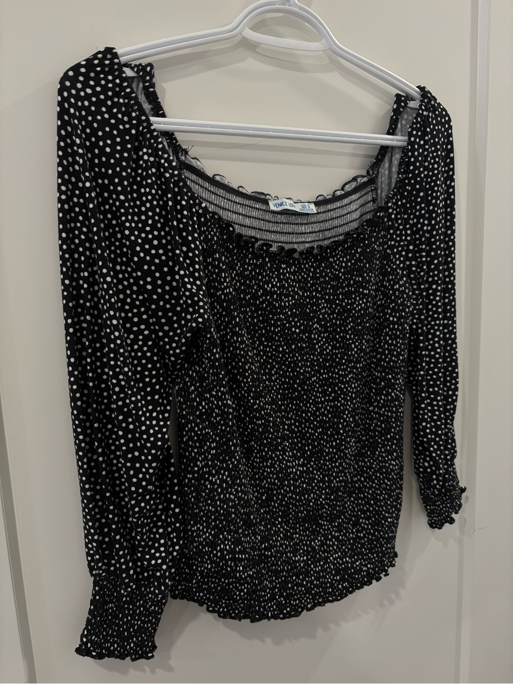 Venice Love Black Polka Dot Smocked Long-Sleeve Top